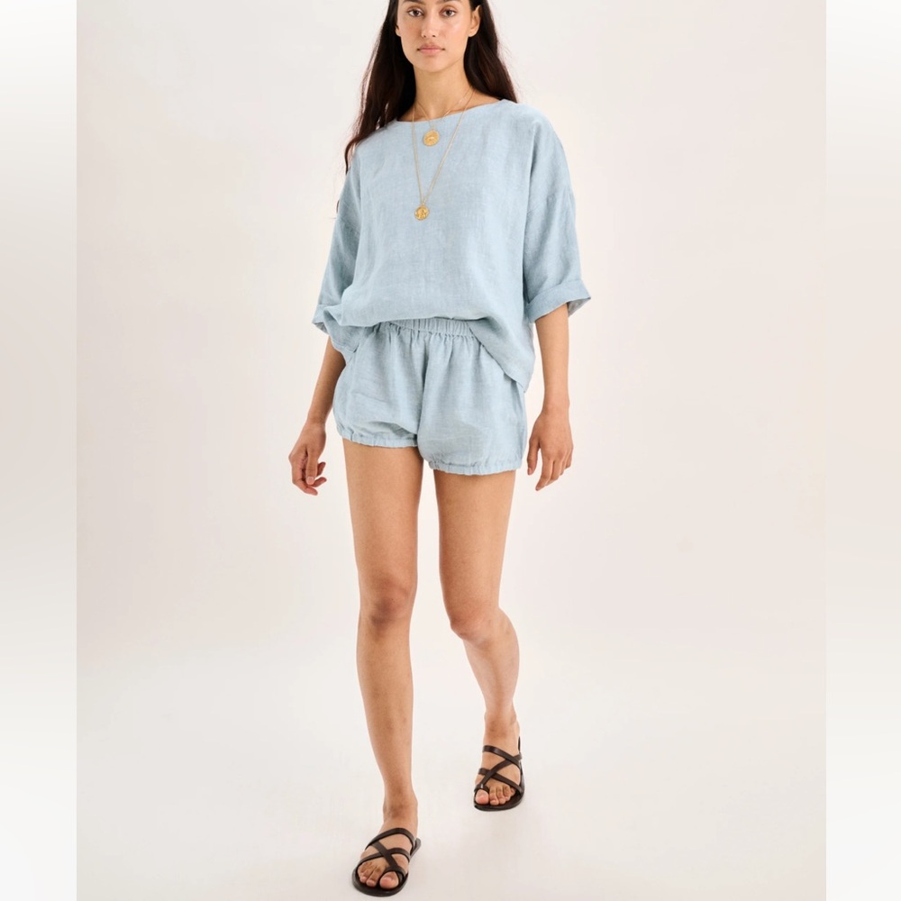 Suzi Kondi Light Blue Linen Bubble Shorts - Picture 2 of 6